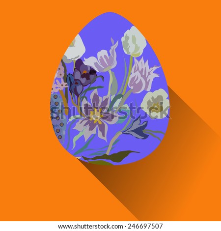Blue Easter egg with floral ornaments  on an orange  background. Hand drawn.