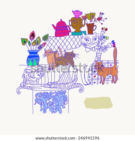 Cozy corner with cats, samovar and bouquets on a white  background. Hand drawn.