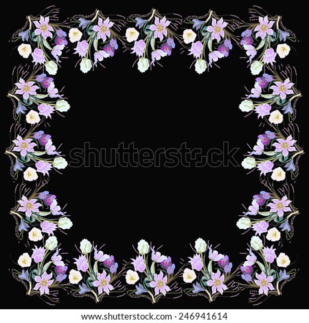Card with frame of  tulips and crocuses bouquets on a black  background. Hand drawn.
