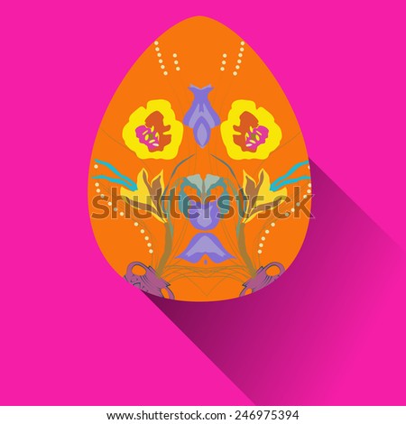Orange Easter egg with floral ornaments   on a pink   background. Hand drawn.