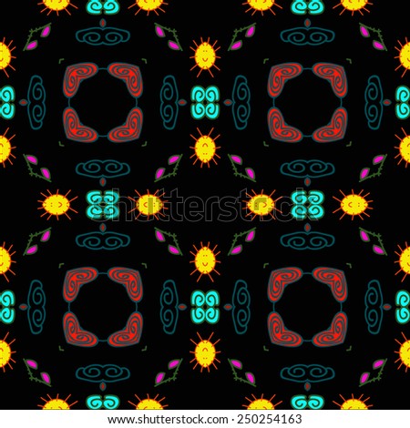 Circular seamless pattern of  spots, leaves, floral motifs, spirals  on a black  background. Hand drawn.