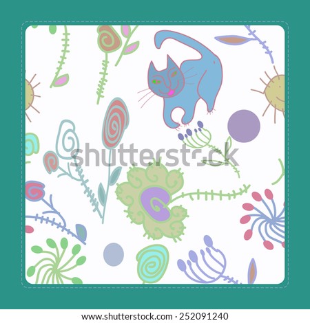 Card with  ornament of pale floral motif and cat  on a white  background. Hand drawn.