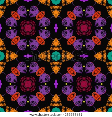 Circular seamless pattern of colored floral motif, autumn leaves   on a  black background. Hand drawn.