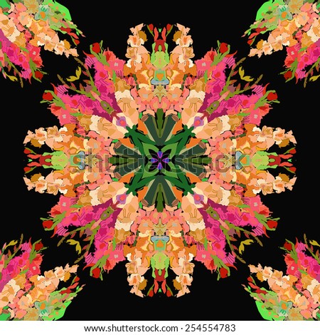Circular  seamless pattern of colored floral motifs, gladioli on a  black   background. Hand drawn.