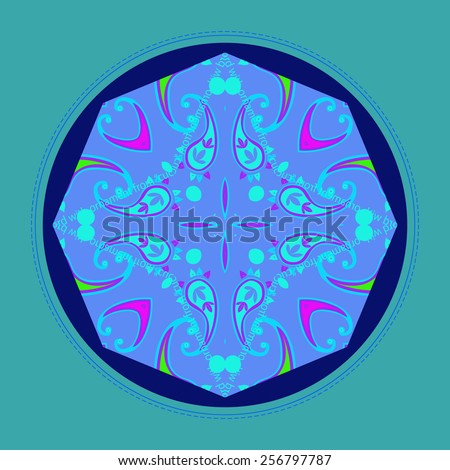 Card with circular oriental pattern of floral motif on a  dark blue  circle. Hand drawn.