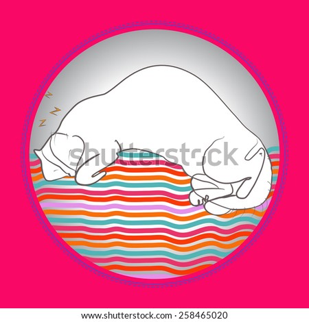 Cat sleeping on a striped rug on a gradient gray  circle. Hand drawn.