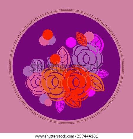 Card with sketch of colored roses, leaves, ellipses on a circle. Handmade.