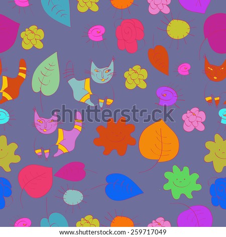 Seamless pattern of floral colored motif, cats on a background. hand drawn.