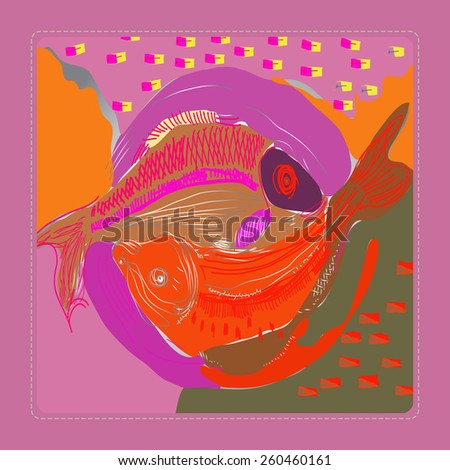 Card with colored fish on a rounded rectangle.Hand drawn.
