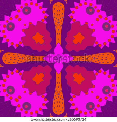 Circular seamless pattern of floral colored motif, ellipses, waves. Hand drawn.
