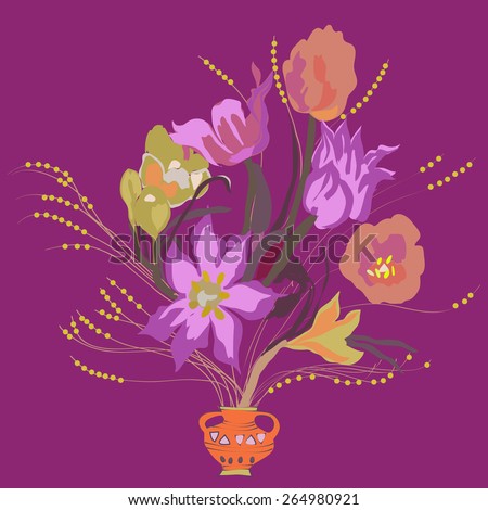 Bouquet of colored flowers, tulips, branches, leaves. Hand drawn.