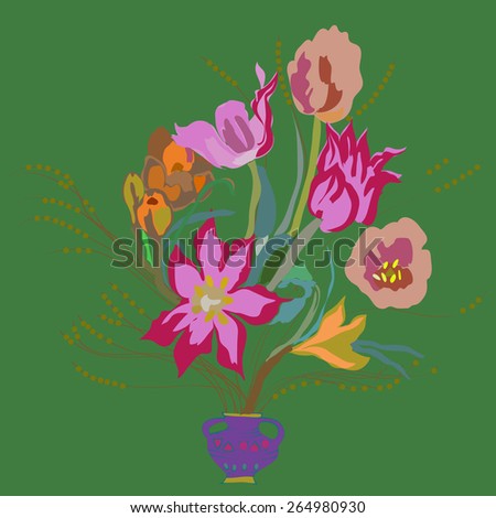 Bouquet of colored flowers, tulips, branches, leaves. Hand drawn.