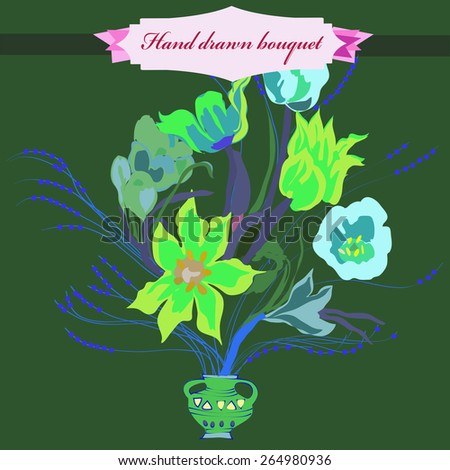 Bouquet of colored flowers, tulips, branches, leaves, label. Hand drawn.