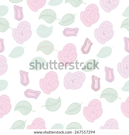 Seamless pattern of floral motif, leaves, flowers. Hand drawn.