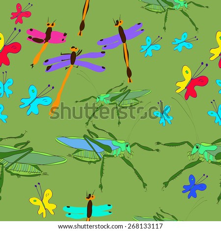 Seamless pattern of colored insects, butterflies, grasshoppers, dragonflies. Hand drawn.