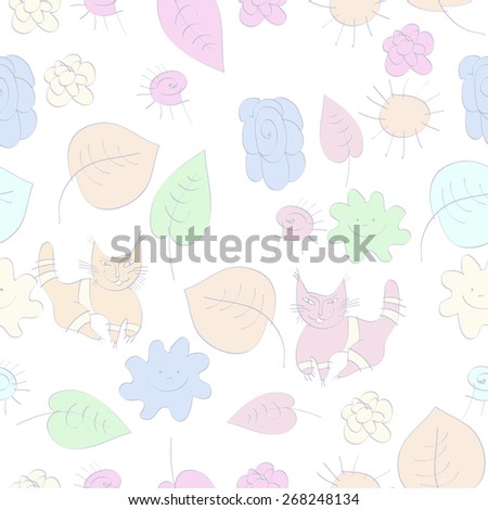 Seamless pattern of floral motif, cats, leaves, spirals. Hand drawn.
