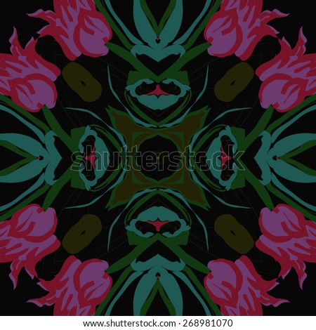Circular seamless pattern of floral motif, flowers,tulips, leaves. Hand drawn.