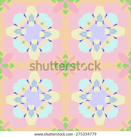 Circular  seamless  pattern of floral motif, spots, stylized flowers, cross. Handmade.