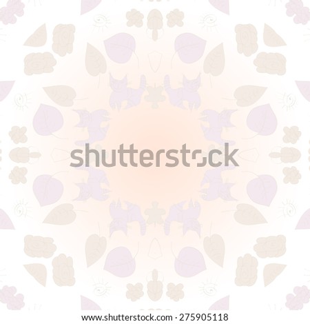 Circular seamless pattern of floral motif, flowers, leaves, cats, spiral. Hand drawn.