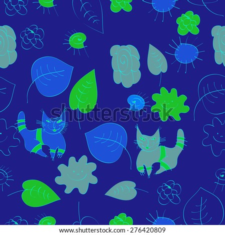 Seamless pattern of floral motif,doodles, cats, leaves, spirals. Hand drawn.