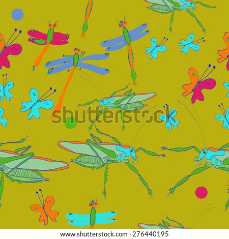 Seamless pattern of floral motif,doodles, ellipses, butterflies, insects. Hand drawn.