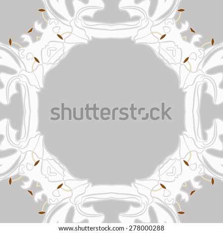 Circular  seamless pattern of floral motif, ellipses, frame, stamens, copy space. Hand drawn.