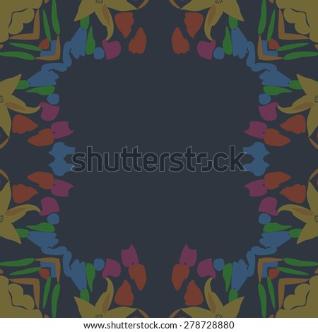 Circular  seamless pattern of  floral motif, leaves, frame, flowers, spots, copy space. Hand drawn.