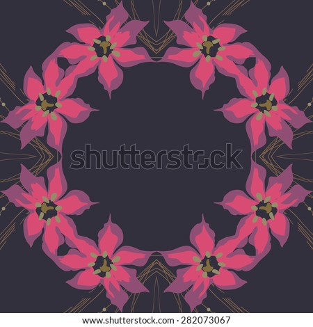 Circular  seamless pattern of  floral garland,  spots,  branches, copy space. Hand drawn.