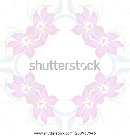 Circular  seamless pattern of floral garland, leaves, stamens, ellipses, copy space. Hand drawn.