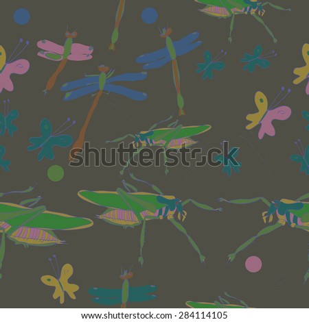 Seamless pattern of floral motif, doodles,  butterflies, insects. Hand drawn.