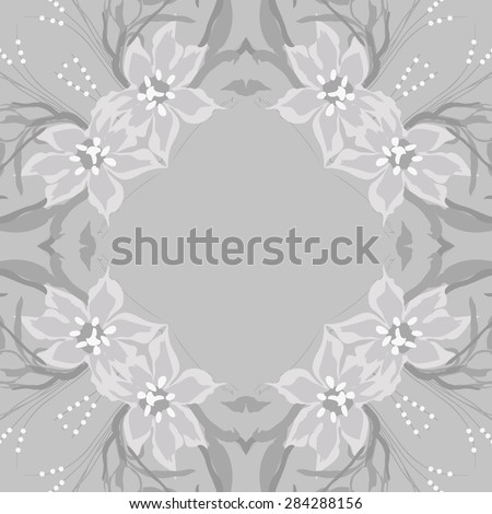 Circular  seamless pattern of  floral garland, flowers, branches, stamens, copy space. Hand drawn.