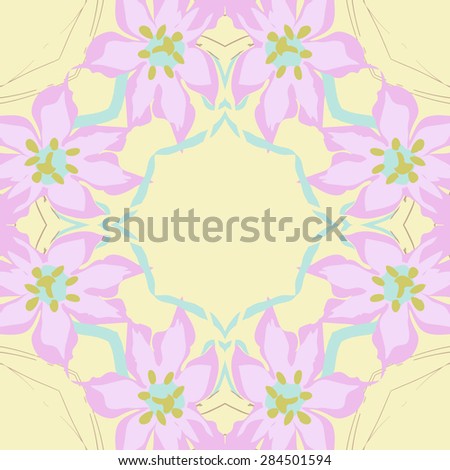 Circular  seamless pattern of  floral garland, flowers, branches, stamens,leaves, copy space. Hand drawn.