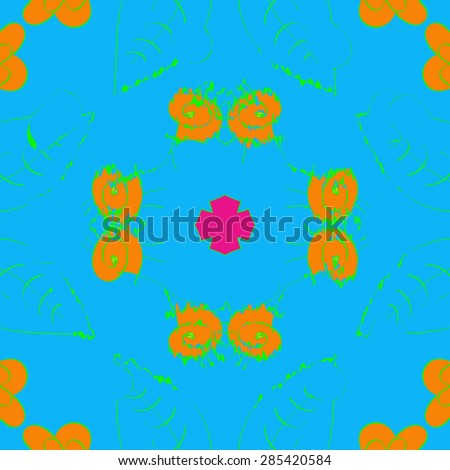 Circular  seamless pattern of  floral motif,spirals,cross,stripe, wave. Hand drawn.