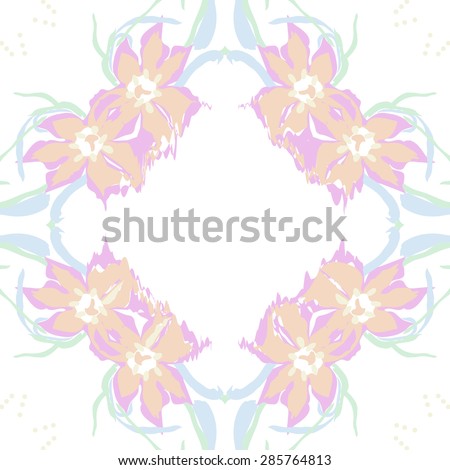 Circular  seamless pattern of  floral garland, flowers, spots, stamens, wave, copy space. Hand drawn.