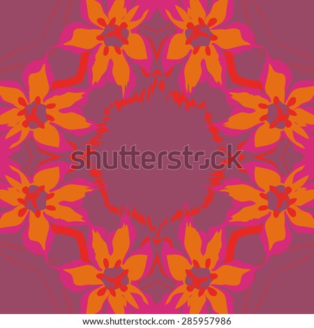 Circular  seamless pattern of  floral garland, flowers, spots, stamens, pistils,wave, copy space. Hand drawn.
