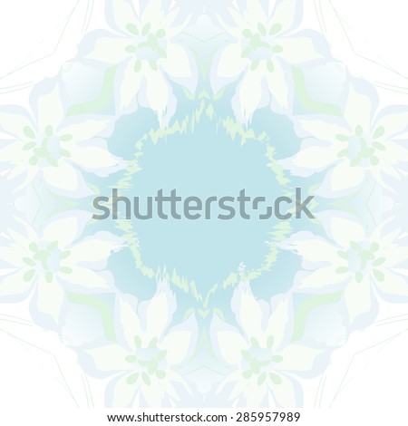 Circular  seamless pattern of  floral garland, flowers, spots, stamens, pistils,wave, copy space. Hand drawn.
