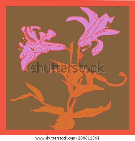 Card with branch of  stylized flower,leaves, flowers, stamens. Hand drawn, sketch from life.