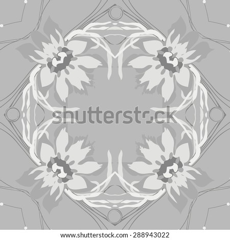 Circular seamless pattern of floral garland, flowers, leaves, waves, spirals, hole, copy space. Hand drawn.