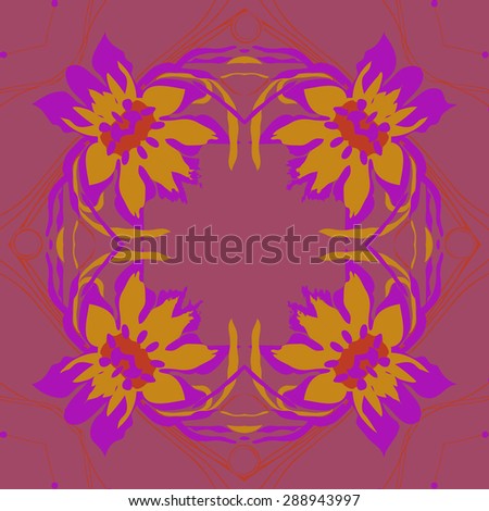 Circular seamless pattern of floral garland, flowers, leaves, waves, spirals, hole, copy space. Hand drawn.