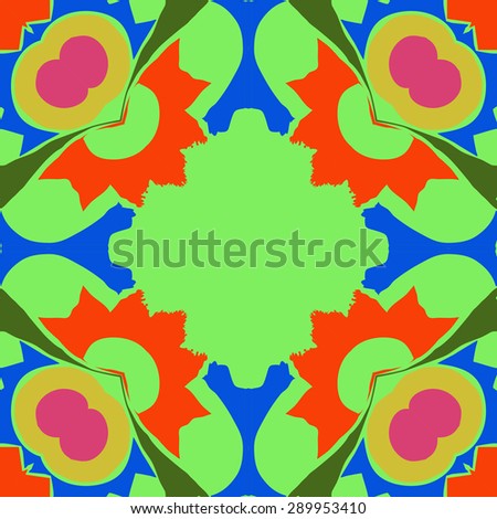 Circular seamless pattern of floral motif, zigzag, spots, hole ,waves, copy space. Hand drawn.