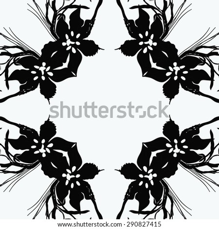 Circular seamless pattern of  floral garland, flowers, leaves, branches, waves, copy space. Hand drawn.