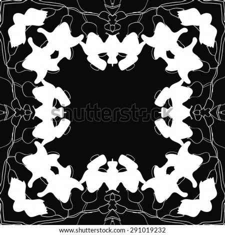 Circular seamless pattern of floral garland,, stylized flowers, branches,stripes, hole, copy space. Hand drawn.