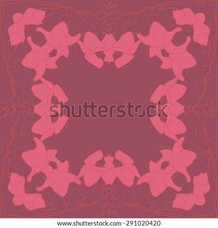 Circular seamless pattern of floral garland,, stylized flowers, branches,stripes, hole, copy space. Hand drawn.