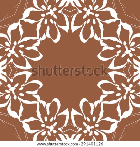 Circular seamless  pattern of floral motif, flowers, stamens, branches, copy space. Hand drawn.