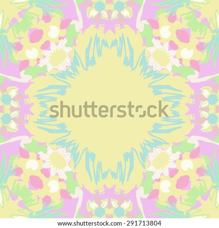Circular seamless  pattern of floral motif, flowers, doodles, hole, copy space. Hand drawn.