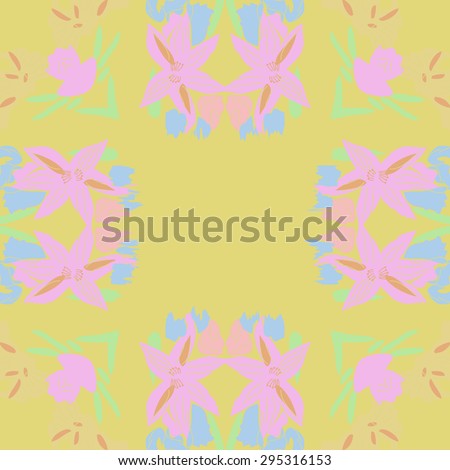 Circular seamless  pattern of floral motif, spots, flowers, stamens, waves, copy space. Hand drawn.