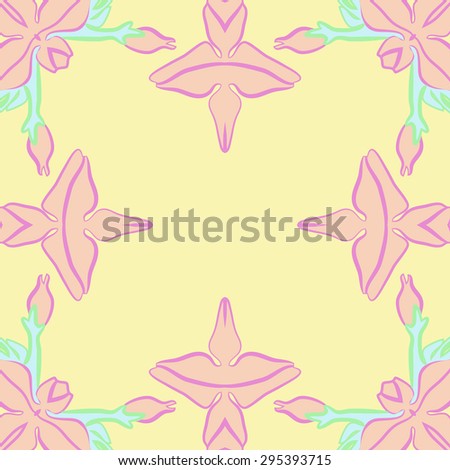 Circular seamless  pattern of floral motif, stripes, flowers, copy space. Hand drawn.