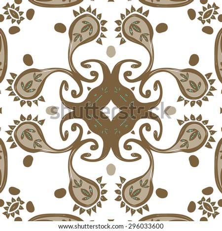 Circular seamless  pattern of  oriental motif, spirals, leaves, spirals. Hand drawn.