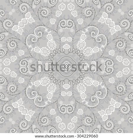 Circular seamless  pattern of floral  motif, stripes, spirals, waves, ellipses, stylized  flowers. Hand drawn.