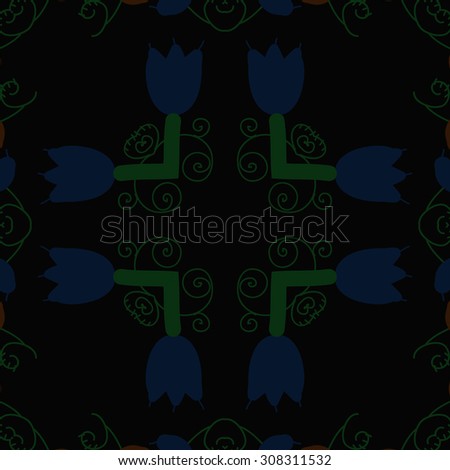 Circular   pattern of floral motif, branches, flowers, spirals, copy space. Hand drawn.